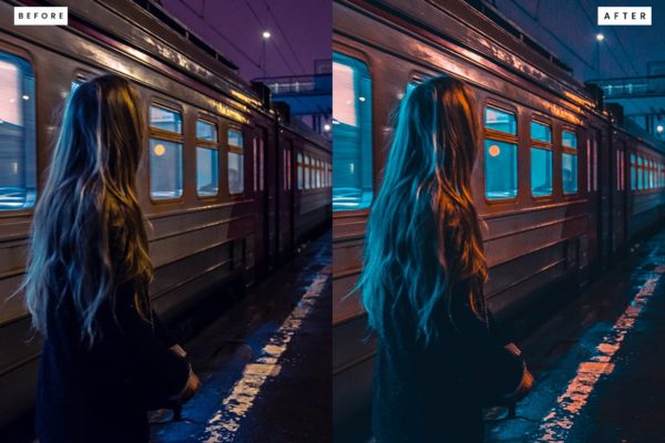 Кадр тёмных атмосферных кадров обработанный профилем из набора ночь и городские огни пресеты