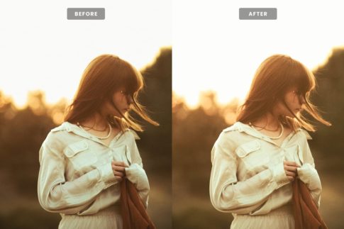Фотография с цветокоррекцией из набора пресеты с золотым свечением и зерном