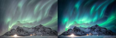 Фотография с цветокоррекцией из набора северное сияние в ночном небе пресеты