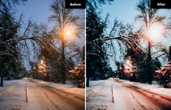 Фотография с цветокоррекцией из набора зимний свет и снег пресеты